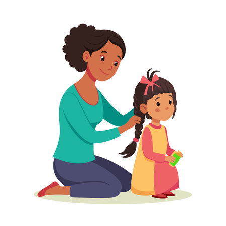 Loving Mother Braiding Daughter's Hair, Demonstrating Affection and Care in a Colorful Cartoon Styleのイラスト素材