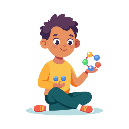 Boy playing with colorful molecule toy sitting cross-legged on the floor, educational activitiesのイラスト素材
