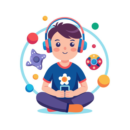 Cartoon boy with headphones sits cross-legged holding a device surrounded by floating objectsのイラスト素材