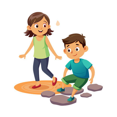 Children Playing: Girl Walking and Boy Stepping on Stones in Cartoon Styleのイラスト素材