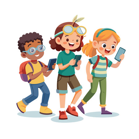 Three children engrossed in smartphones walking together in vibrant cartoon styleのイラスト素材