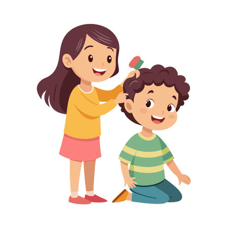 Illustration of girl brushing a boy's hair with a small brush in a cute cartoon styleのイラスト素材