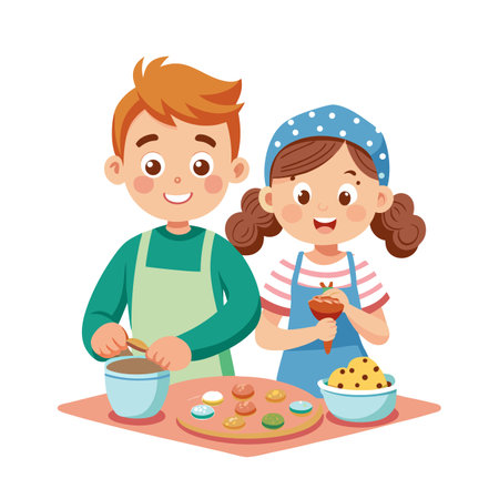 Brother and Sister Baking Cookies Together, Flat Vector Illustration, Warm Colorsのイラスト素材