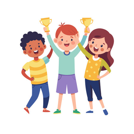 Diverse Children Celebrating Victory with Trophies, Flat Vector Illustration on White Backgroundのイラスト素材