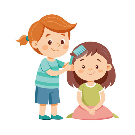 Cute cartoon illustration of a boy brushing a girl's hair with a blue hairbrushのイラスト素材