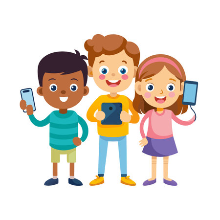 Diverse group of children using mobile devices, depicting modern childhood and technology integrationのイラスト素材