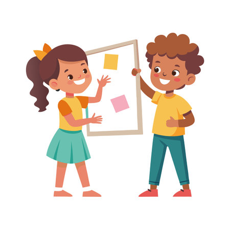 Children Collaborating on a Project Displayed on a Whiteboard in a Cartoon Styleのイラスト素材