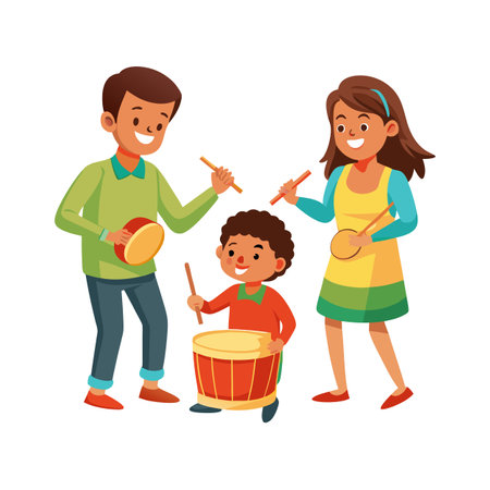 Happy family playing music with drums and sticks in a cheerful vector illustrationのイラスト素材