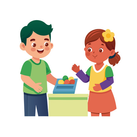 Boy offering fruits to a girl in vector style on white backgroundのイラスト素材