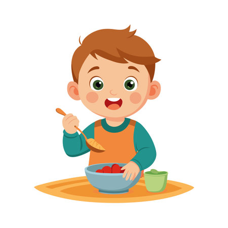 Cartoon Boy Eating Berries From a Bowl With a Spoon, Flat Styleのイラスト素材