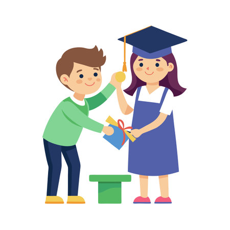 Cartoon graduation ceremony featuring two children: the girl gets a diploma and medalのイラスト素材