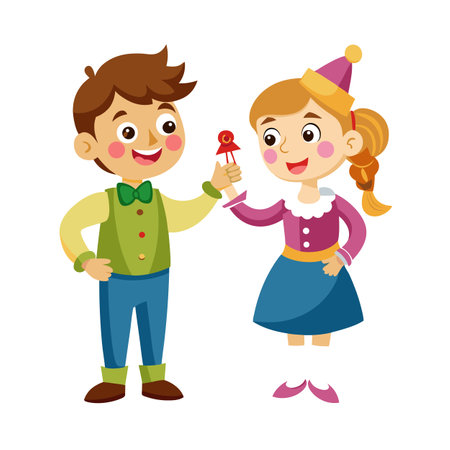 Boy offers girl a lollipop, vector illustration of two children in colorful cartoon styleのイラスト素材