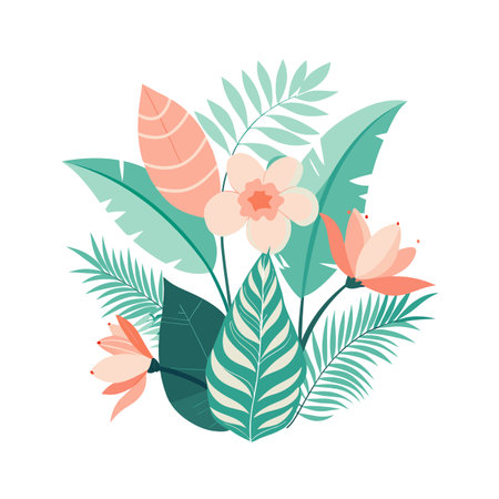 Elegant floral arrangement featuring tropical leaves and pastel flowers on a white backgroundのイラスト素材