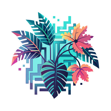 Tropical leaves vector illustration with geometric background in vibrant gradient colors and bold shapesのイラスト素材