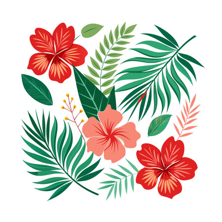 Tropical Floral Arrangement with Hibiscus Flowers and Palm Leaves on White Background