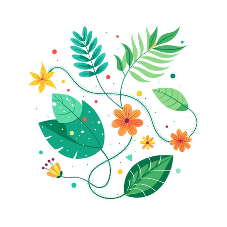 Flat Design Floral Illustration with Tropical Leaves and Colorful Flowers on White Backgroundのイラスト素材