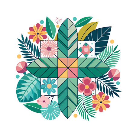 Geometric floral arrangement with leaves and flowers in a circular pattern on white backgroundのイラスト素材