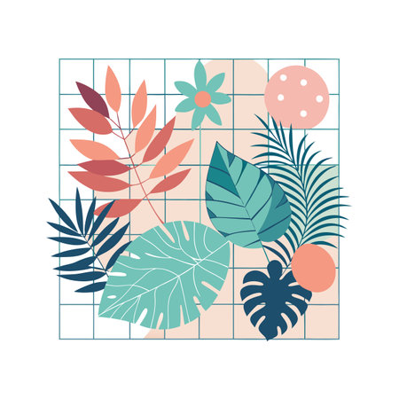 Abstract floral and geometric composition with tropical leaves and grid backgroundのイラスト素材