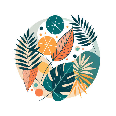 Tropical Leaves and Fruit Arranged in a Circular Design with Clean Lines and Warm Tonesのイラスト素材