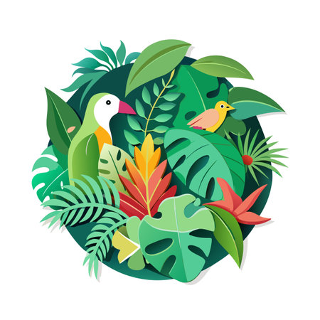 Tropical birds in dense jungle foliage arrangement, flat design style, vibrant colorsのイラスト素材