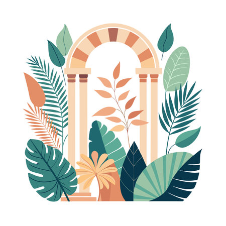 Botanical Archway Illustration with Lush Foliage and Warm Earthy Tones on White Backgroundのイラスト素材