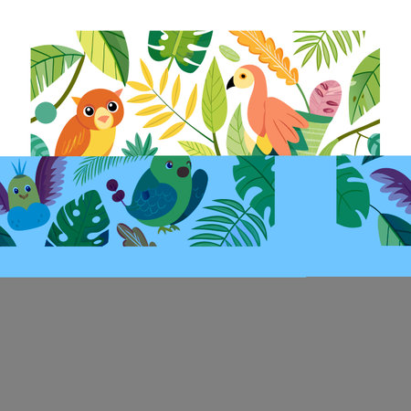 Tropical Birds and Foliage Pattern Illustration on White Background, Exotic and Colorfulのイラスト素材