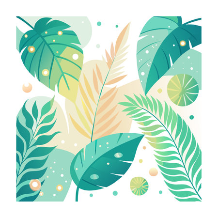 Tropical foliage illustration featuring monstera leaves, ferns, and abstract circles in a modern flat styleのイラスト素材