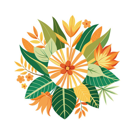 Colorful floral arrangement with leaves and flowers in a decorative circular design on white backgroundのイラスト素材