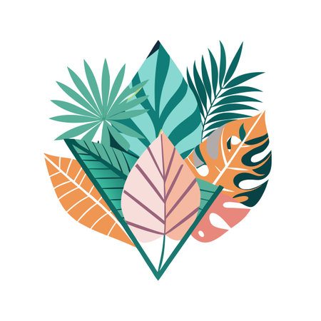 Tropical leaf arrangement graphic with leaves in pastel tones, with triangle backgroundのイラスト素材