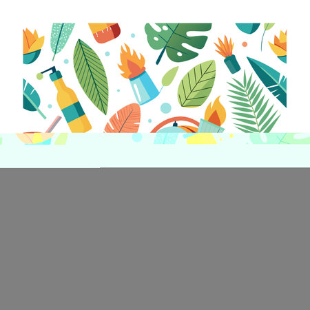 Tropical Pattern Featuring Camping Elements and Plants on a White Background
