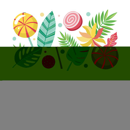 Colorful candy and leaf flat lay summer stock image background on whiteのイラスト素材