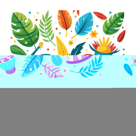 Colorful Carnival Celebration with Masks, Tropical Leaves, and Musical Instrumentsのイラスト素材
