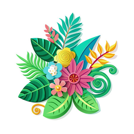Vibrant Tropical Floral Arrangement with Stylized Leaves and Blossoms on White Backgroundのイラスト素材