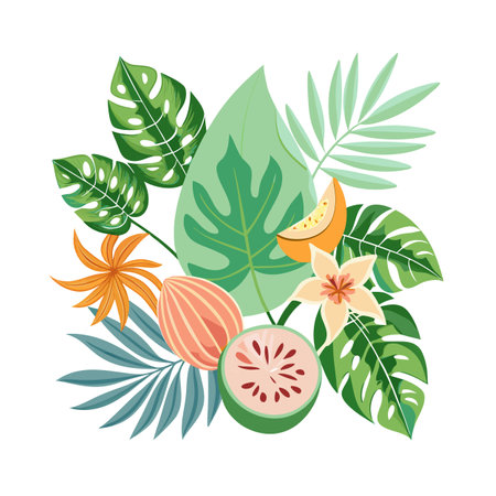 Vibrant Tropical Foliage and Fruit Arrangement on White Background for Summer Designsのイラスト素材