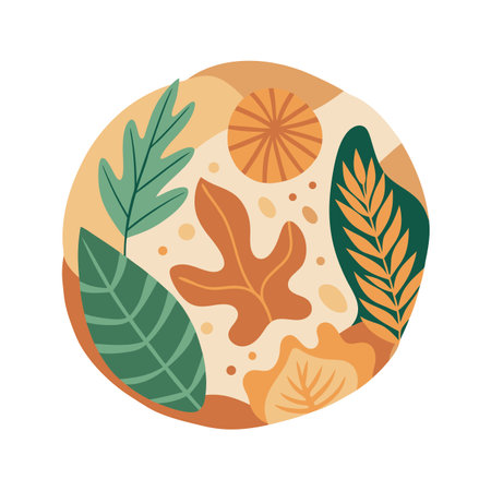 Abstract botanical art piece featuring earthy tones, leaves, and geometric shapes in a circular formatのイラスト素材