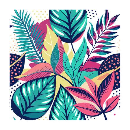 Vibrant tropical leaf pattern with colorful foliage and playful polka dot accents