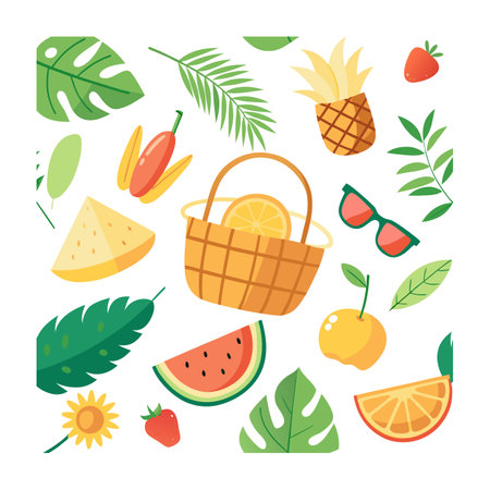 Summer Fruit and Foliage Flat Lay Pattern on White Background with Picnic Basketのイラスト素材
