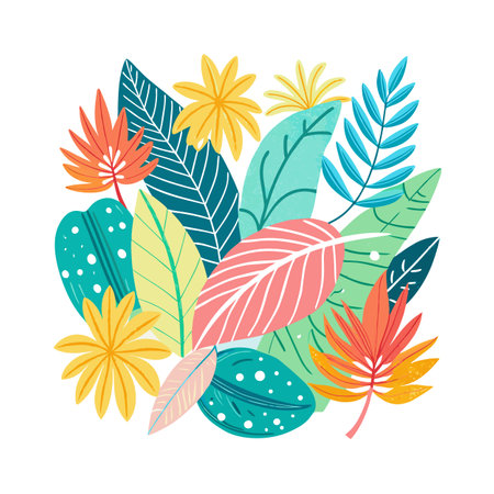 Colorful Tropical Leaves and Flowers Isolated on White Background, Vector Illustrationのイラスト素材