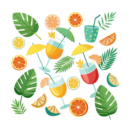 Summer Refreshments: A Vibrant Still Life of Tropical Drinks and Foliageのイラスト素材