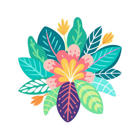 Colorful Tropical Flower Arrangement with Lush Foliage on White Background, Vector Illustrationのイラスト素材