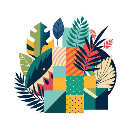 Abstract Tropical Foliage Mosaic: Colorful Geometric Design with Botanical Elements for Modern...