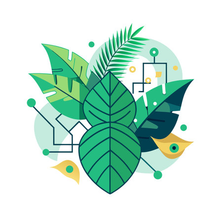 Abstract Green Foliage and Geometric Shapes Composition on a White Backgroundのイラスト素材