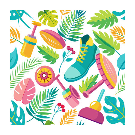 Cheerful tropical pattern with beach toys and botanical foliage creating a summery vibe