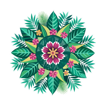 Tropical Floral Mandala with Green Leaves and Pink Flowers on White Backgroundのイラスト素材