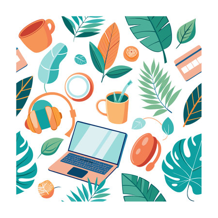 Workspace Flat Lay Illustration with Tropical Leaves, Laptop, Coffee Cup and Headphones on Whiteのイラスト素材