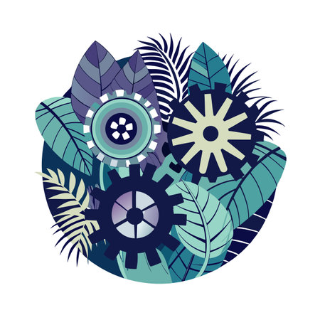 Mechanical Gears in a Botanical Setting: Conceptual Image of Industry and Natureのイラスト素材