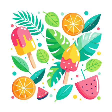 Bright Summer Pattern with Tropical Leaves and Popsicles on White Backgroundのイラスト素材