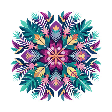 Tropical leaf and flower mandala in vibrant colors creating a balanced circular design.のイラスト素材