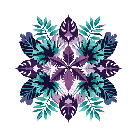 Geometric floral mandala with monstera leaves and tropical foliage in a symmetrical arrangement.のイラスト素材