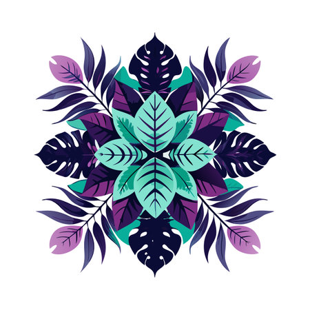 Abstract tropical leaf mandala design in shades of purple, teal, and navy blue.のイラスト素材